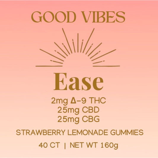 Good Vibes Ease gummies with 25mg CBD, 25mg CBG, and 2mg Delta-9 THC in Strawberry Lemonade flavor, 40-count