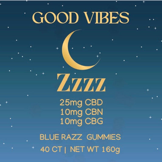 Good Vibes Zzzz CBD sleep gummies with CBN and CBG for nighttime wellness.
