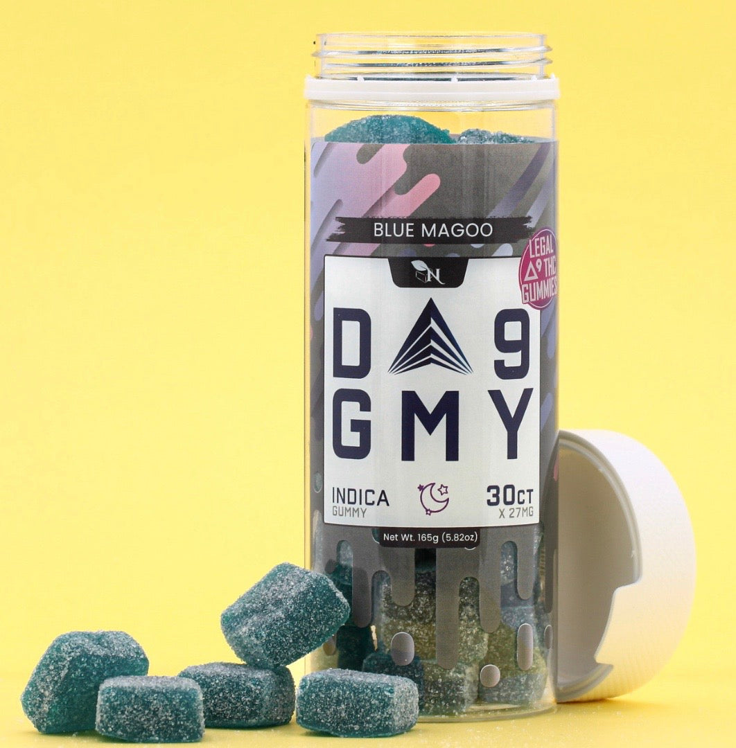 AGFN Delta 9 Blue Magoo indica gummies in 30-count container