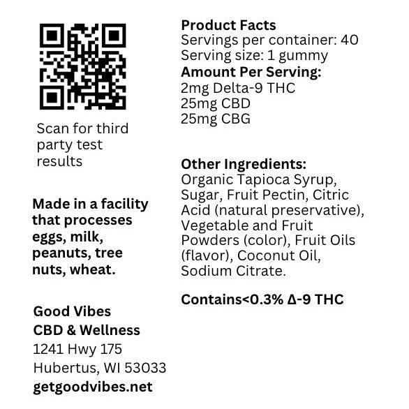 Good Vibes Ease gummies with 25mg CBD, 25mg CBG, and 2mg Delta-9 THC in Strawberry Lemonade flavor, 40-count