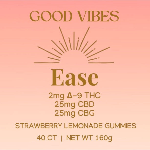 Good Vibes Ease gummies with 25mg CBD, 25mg CBG, and 2mg Delta-9 THC in Strawberry Lemonade flavor, 40-count