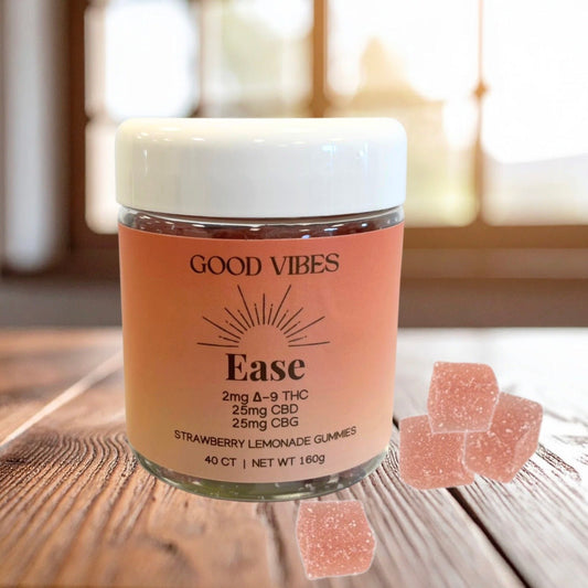 Good Vibes Ease gummies with 25mg CBD, 25mg CBG, and 2mg Delta-9 THC in Strawberry Lemonade flavor, 40-count