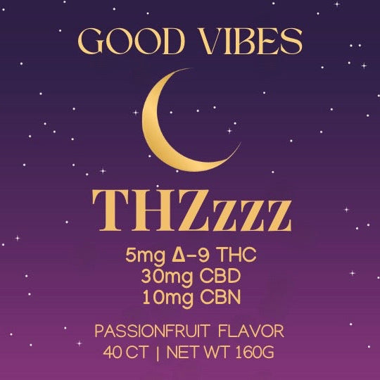 Good Vibes THZzzz sleep gummies with 5mg Delta-9 THC, 30mg CBD, and 10mg CBN in passionfruit flavor