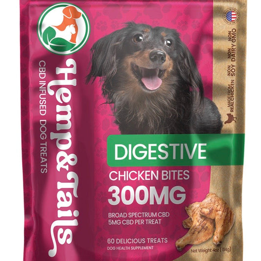 Hemp & Tails Digestive CBD dog treats with 300mg broad spectrum CBD and chicken bites flavor